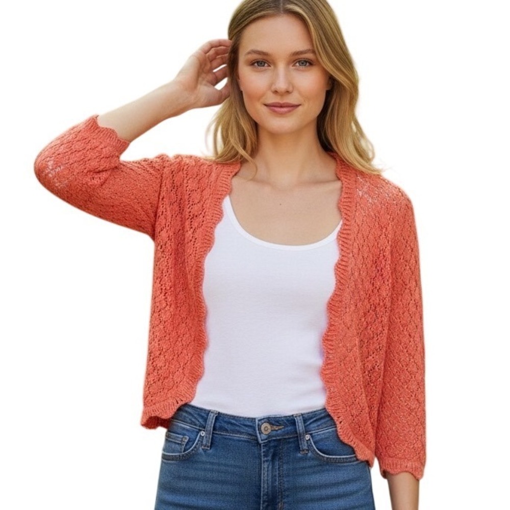 Chadwicks Coral Crochet Lace Open Front Cardigan‎ Sweater Coquette Girl Boho L